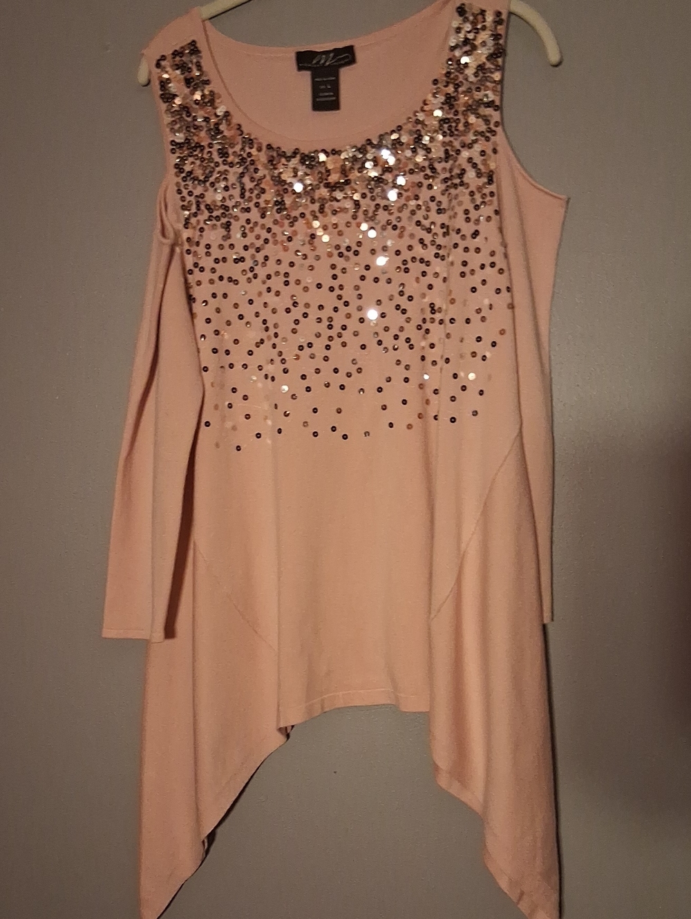 Midnight Velvet Pink Sequin Cold-Shoulder Hi-Lo Knit Tunic Top. Sz. L Pink.